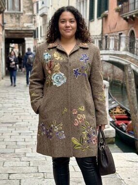 Nygard Collection Floral and Bird Embroidered Tweed Overcoat
